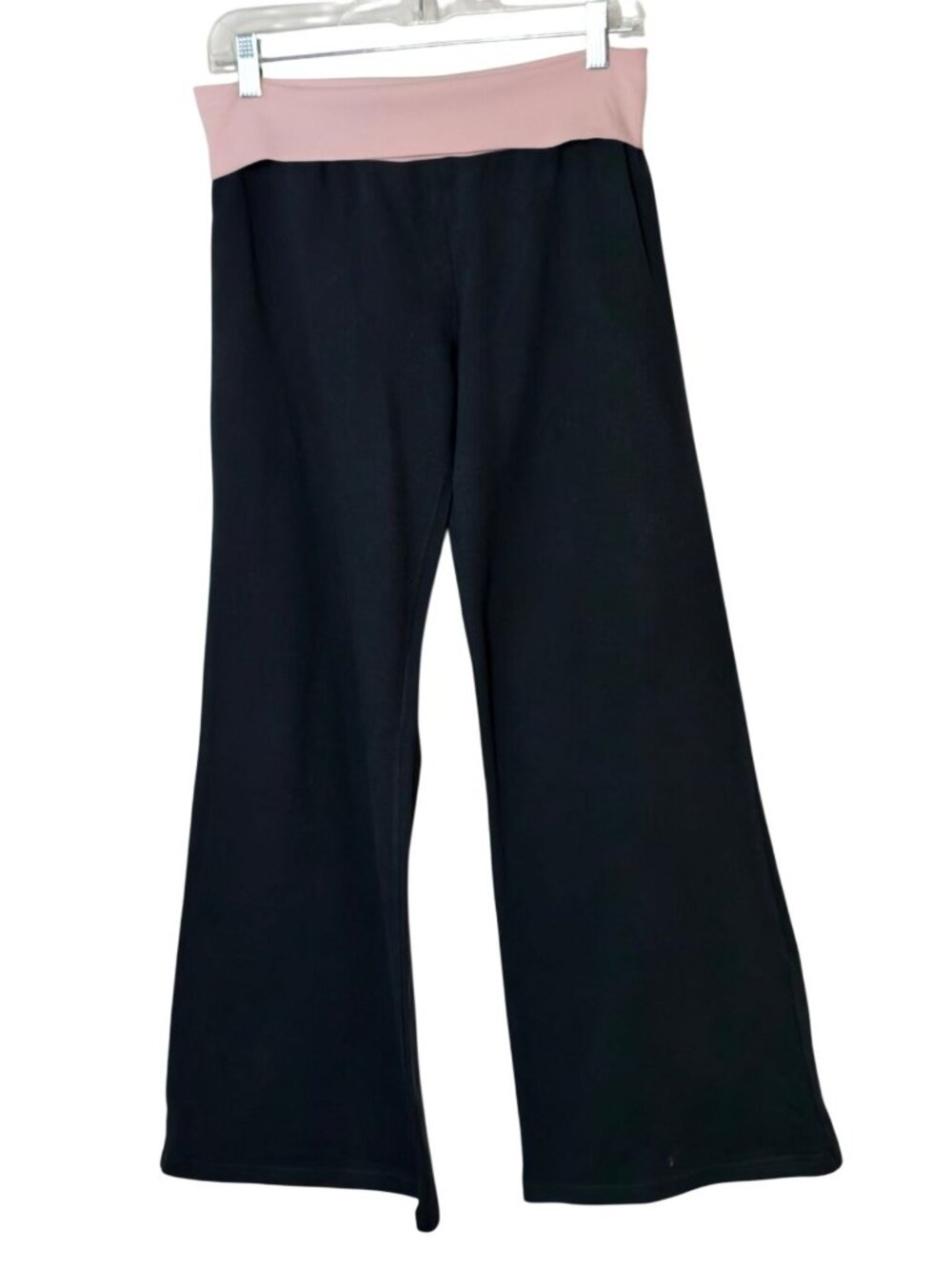 Womens L Fold-Over Wide-Leg Y2K Pants Black Pink Yoga Waistband Soft Stretch Boh